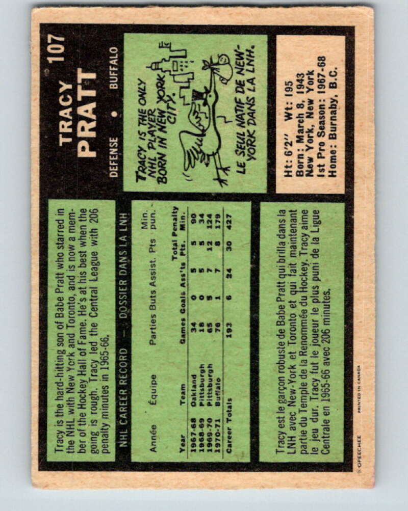 1971-72 O-Pee-Chee #107 Tracy Pratt Buffalo Sabres V9261
