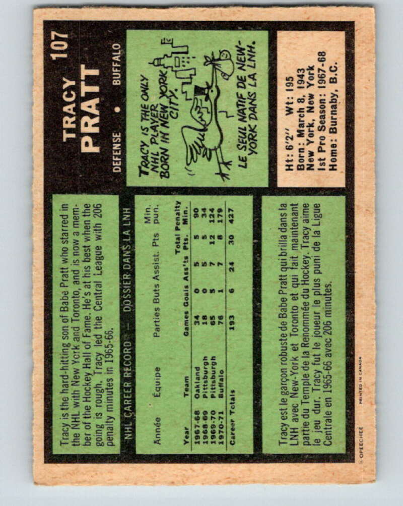1971-72 O-Pee-Chee #107 Tracy Pratt Buffalo Sabres V9262