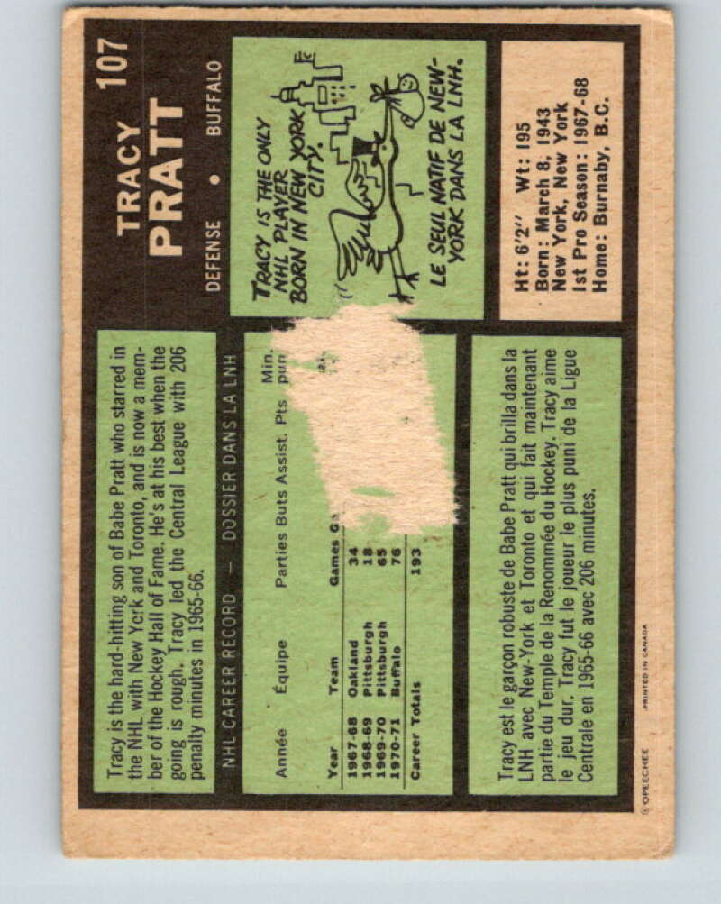 1971-72 O-Pee-Chee #107 Tracy Pratt Buffalo Sabres V9263