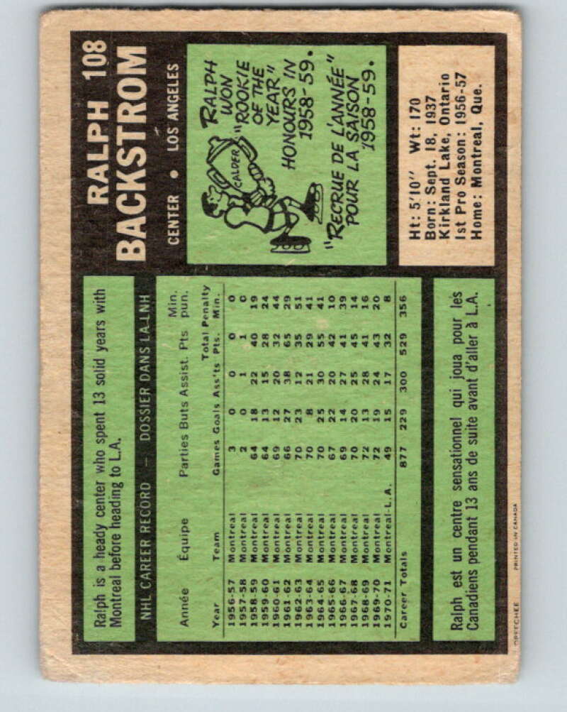 1971-72 O-Pee-Chee #108 Ralph Backstrom Los Angeles Kings V9265