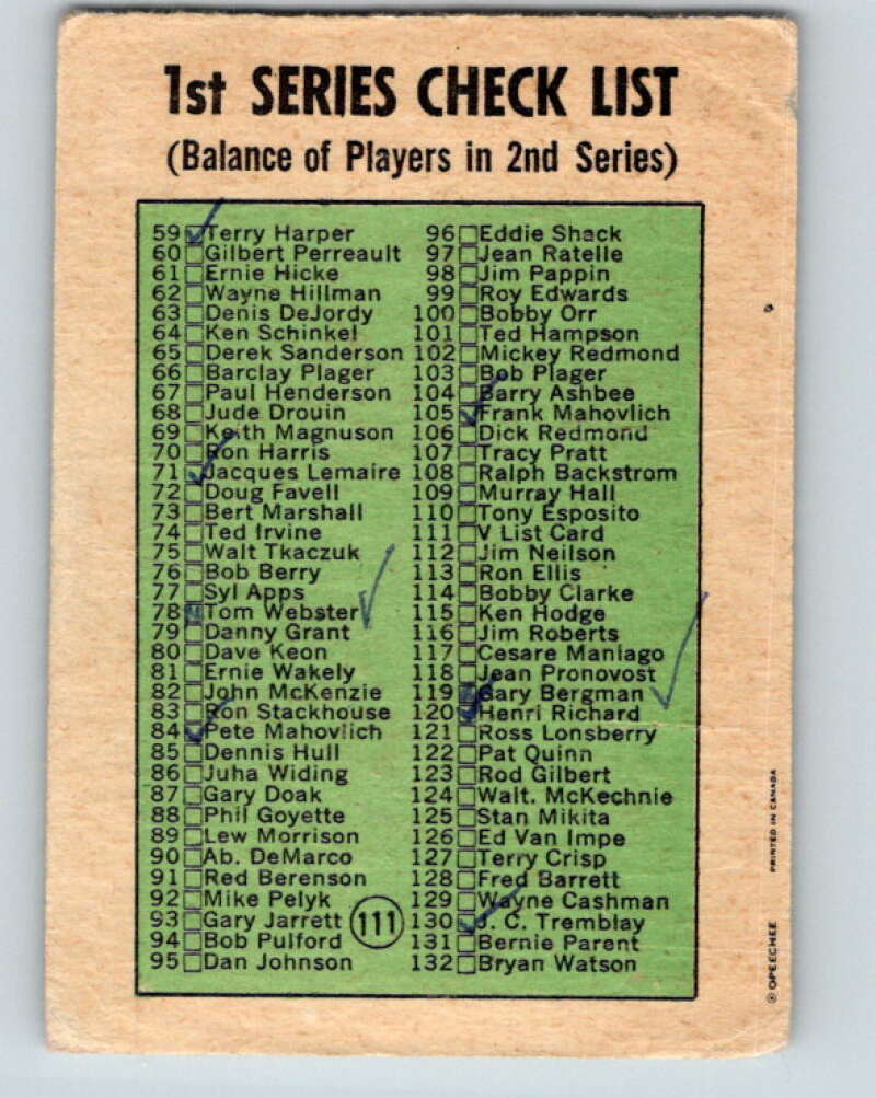 1971-72 O-Pee-Chee #111 Checklist V9269