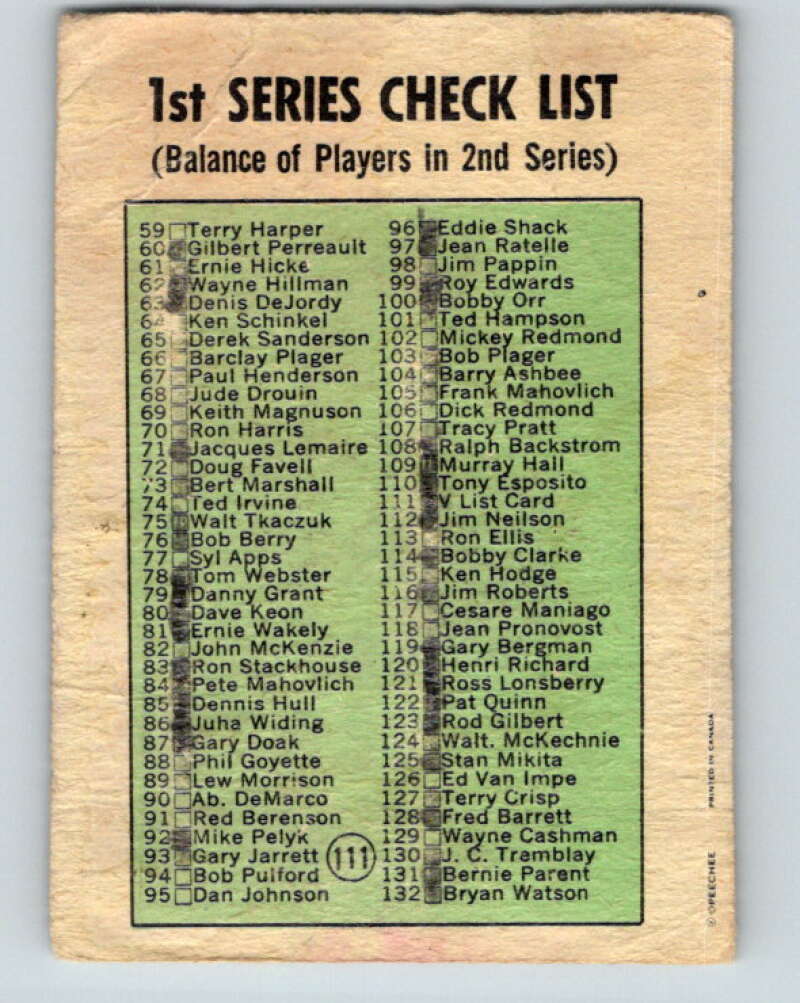 1971-72 O-Pee-Chee #111 Checklist V9270
