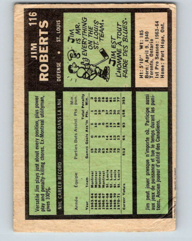 1971-72 O-Pee-Chee #116 Jim Roberts St. Louis Blues V9276