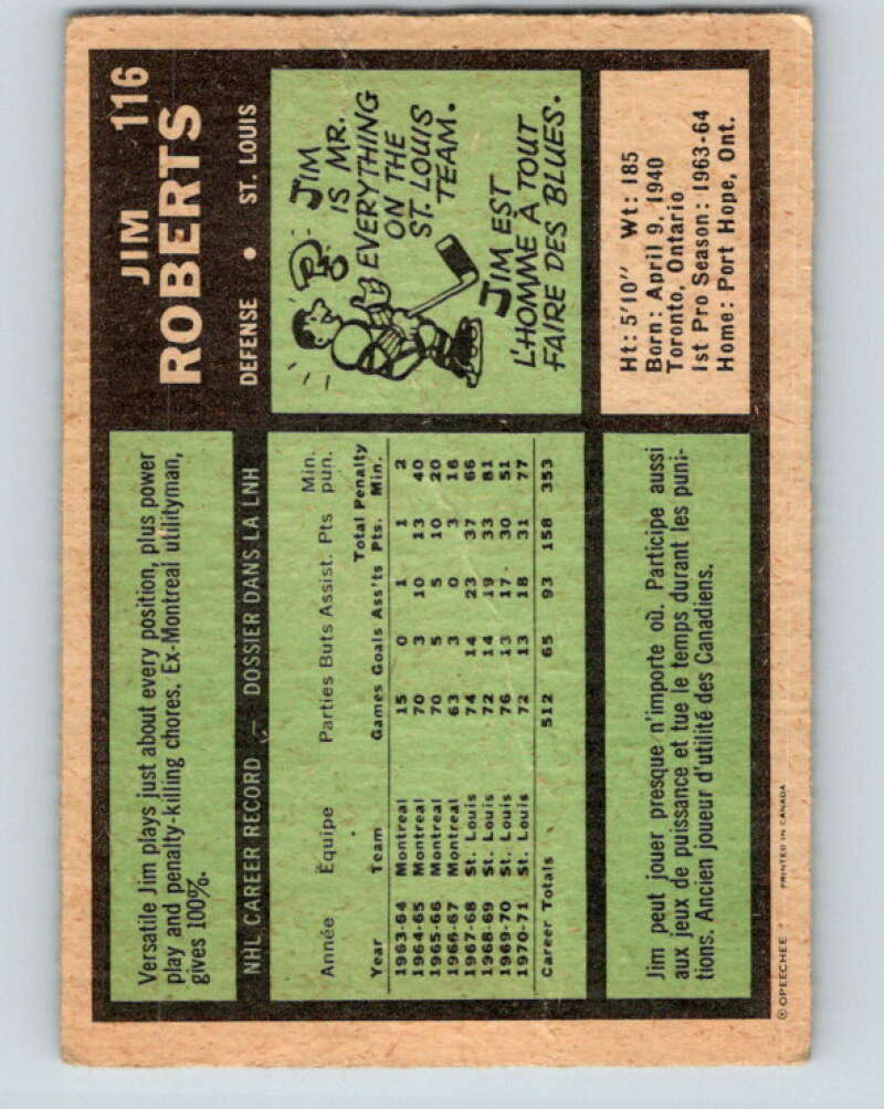 1971-72 O-Pee-Chee #116 Jim Roberts St. Louis Blues V9277