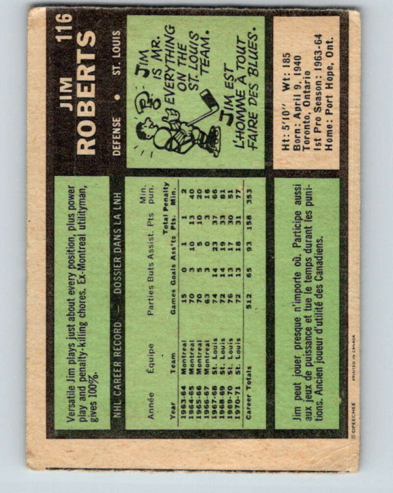 1971-72 O-Pee-Chee #116 Jim Roberts St. Louis Blues V9278