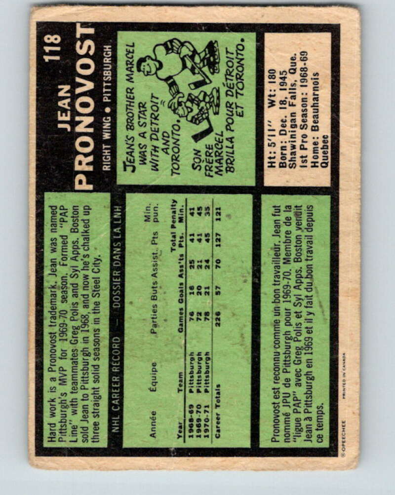 1971-72 O-Pee-Chee #118 Jean Pronovost Pittsburgh Penguins V9280
