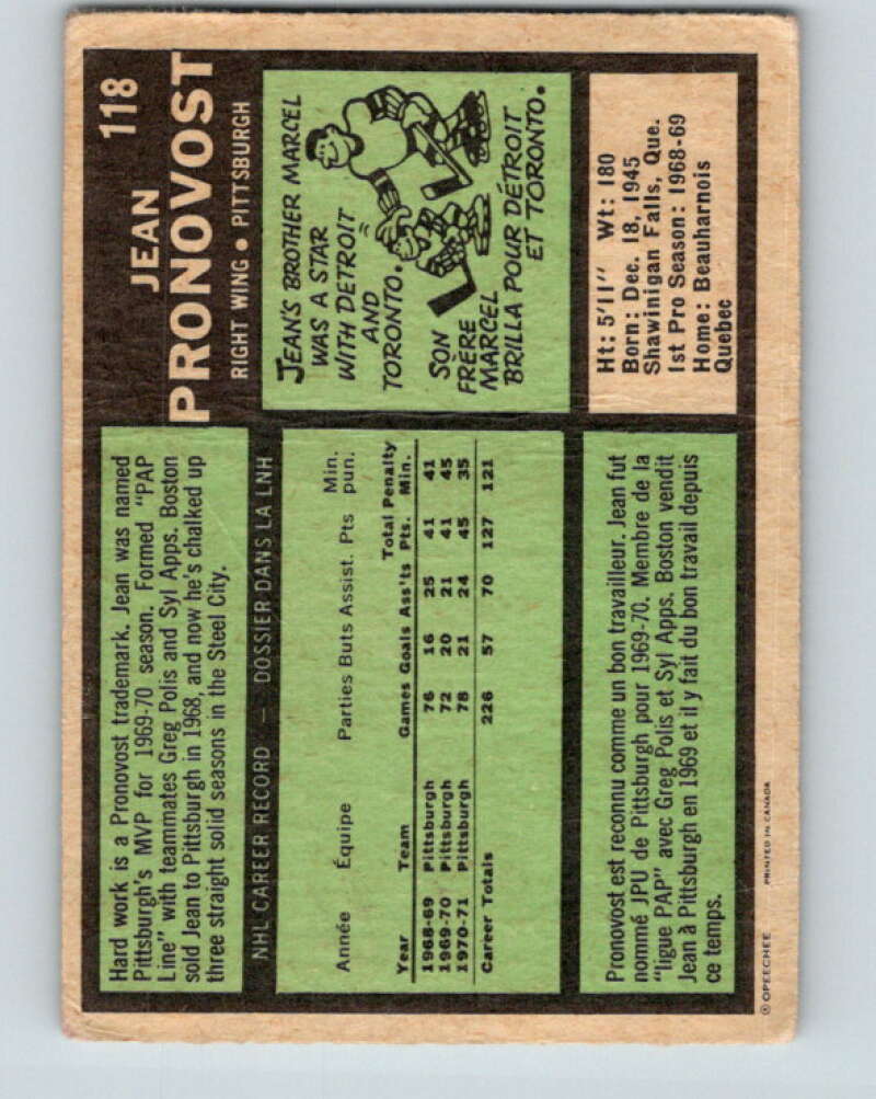 1971-72 O-Pee-Chee #118 Jean Pronovost Pittsburgh Penguins V9281