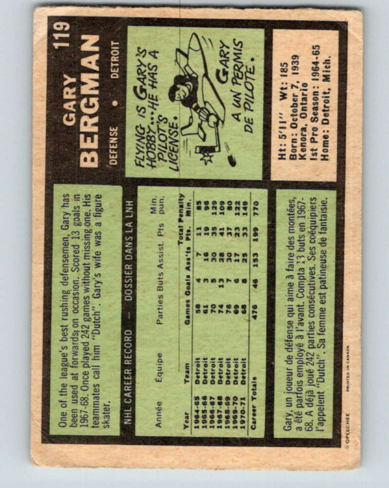 1971-72 O-Pee-Chee #119 Gary Bergman Detroit Red Wings V9286