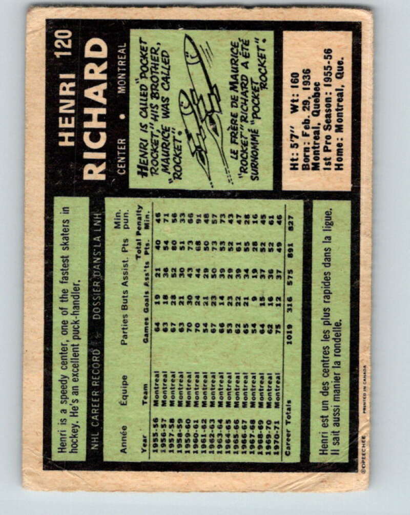 1971-72 O-Pee-Chee #120 Henri Richard Montreal Canadiens V9290