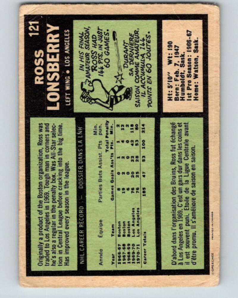 1971-72 O-Pee-Chee #121 Ross Lonsberry Los Angeles Kings V9291