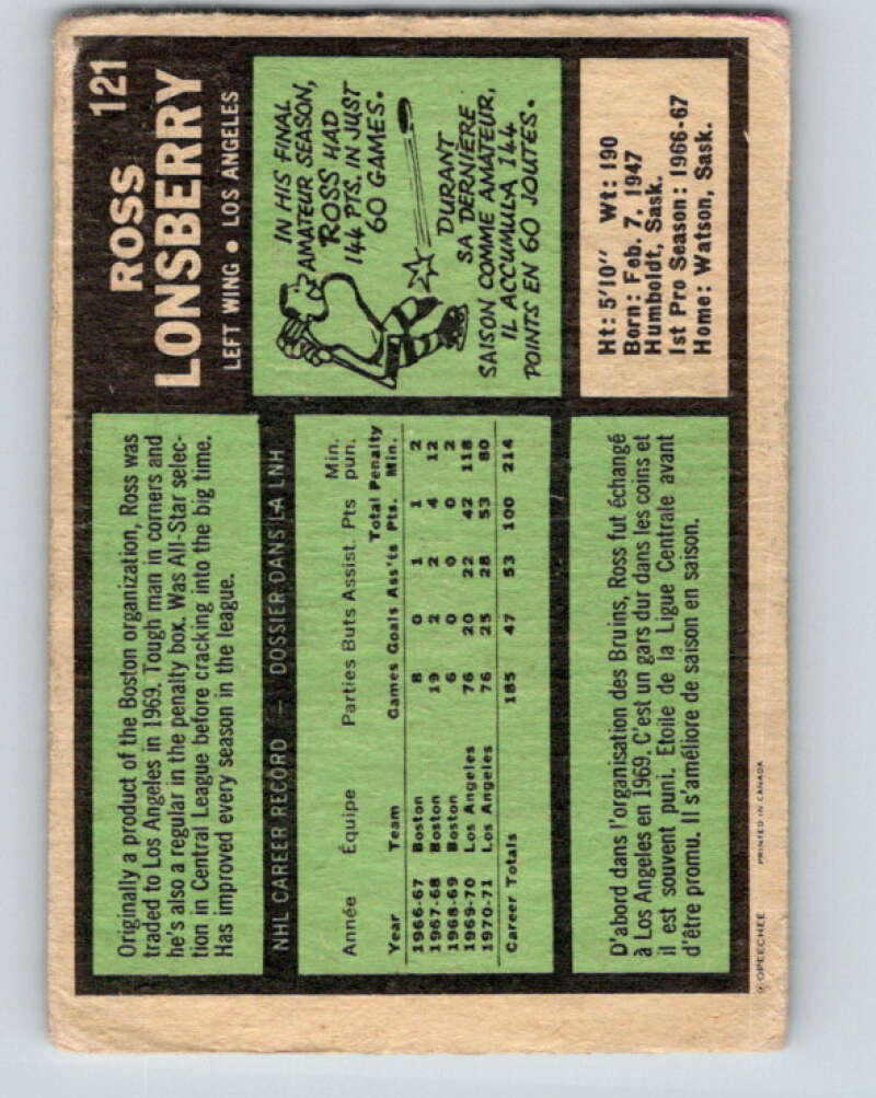 1971-72 O-Pee-Chee #121 Ross Lonsberry Los Angeles Kings V9292