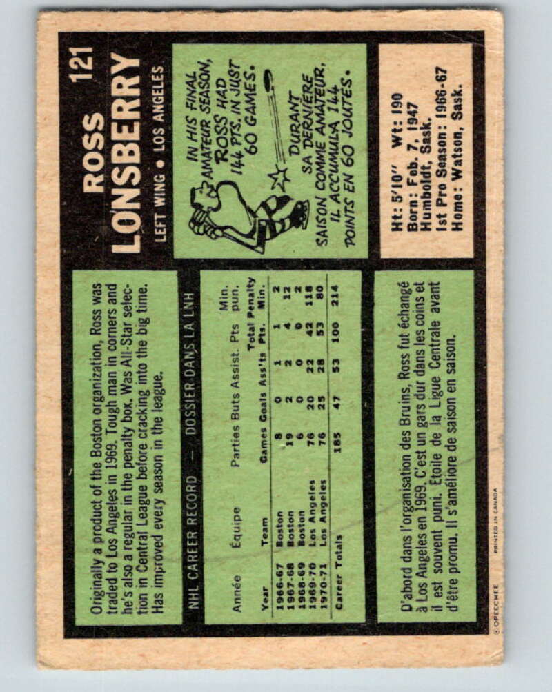1971-72 O-Pee-Chee #121 Ross Lonsberry Los Angeles Kings V9293