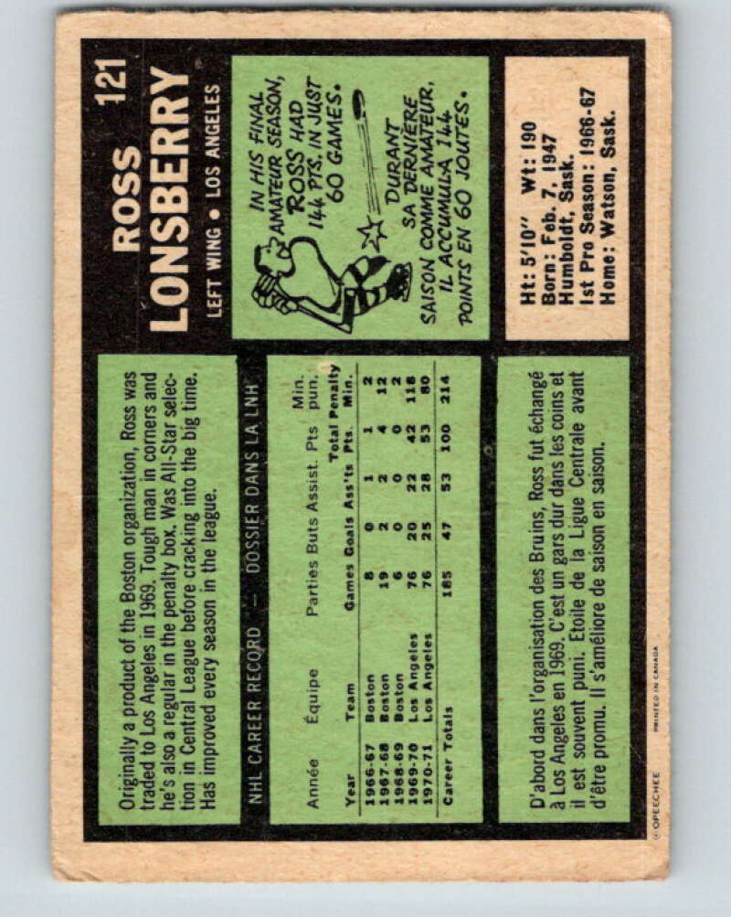 1971-72 O-Pee-Chee #121 Ross Lonsberry Los Angeles Kings V9294