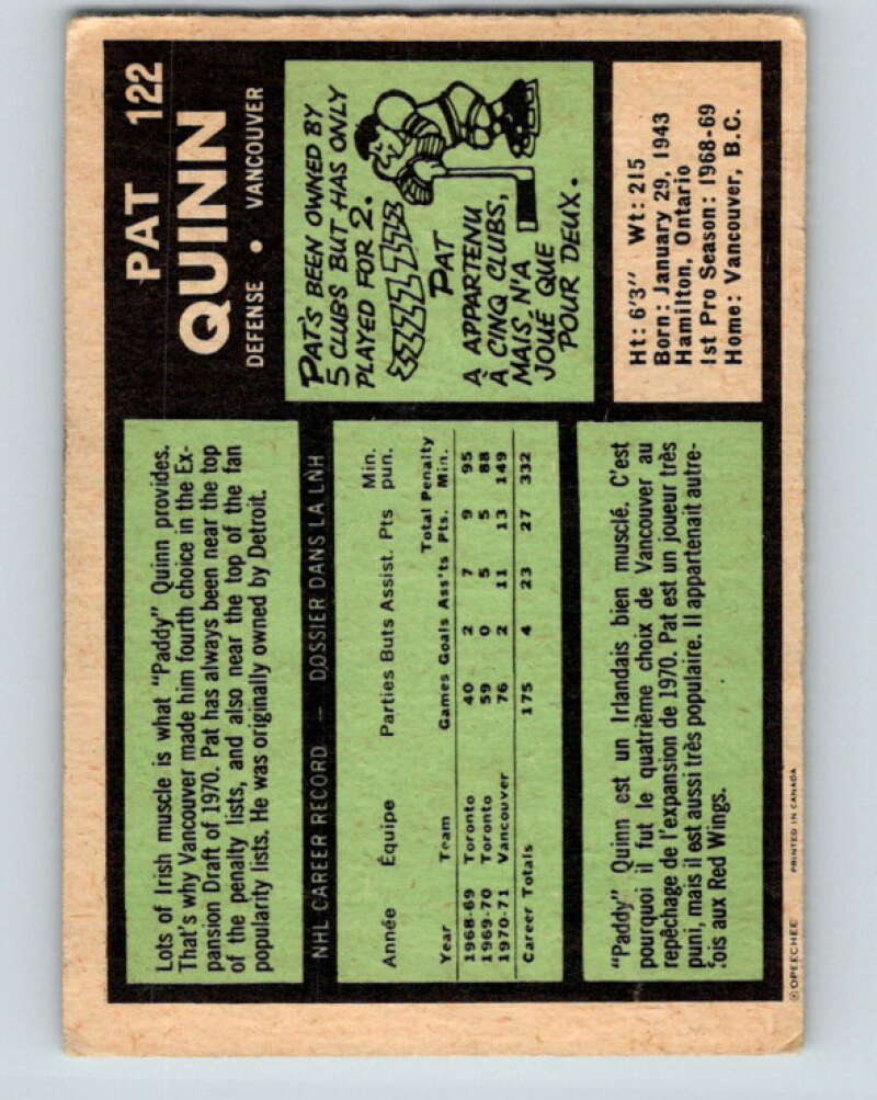 1971-72 O-Pee-Chee #122 Pat Quinn Vancouver Canucks V9295