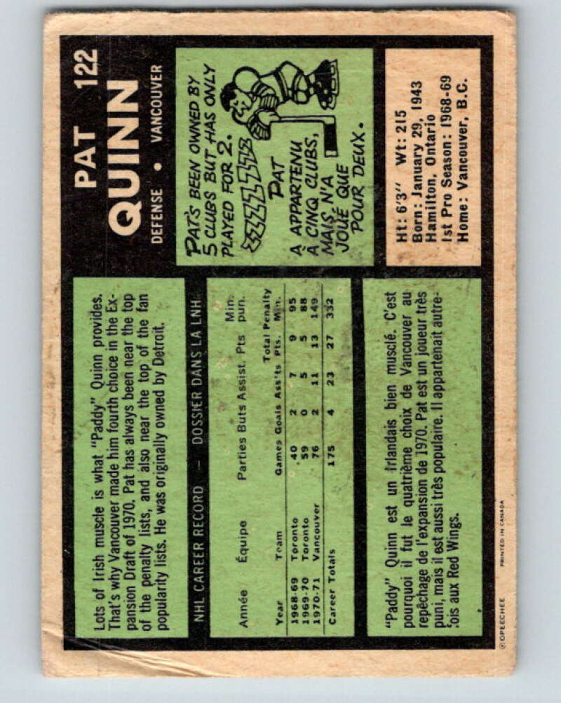 1971-72 O-Pee-Chee #122 Pat Quinn Vancouver Canucks V9296
