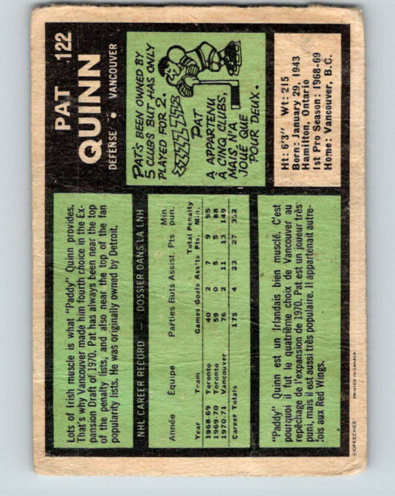 1971-72 O-Pee-Chee #122 Pat Quinn Vancouver Canucks V9297