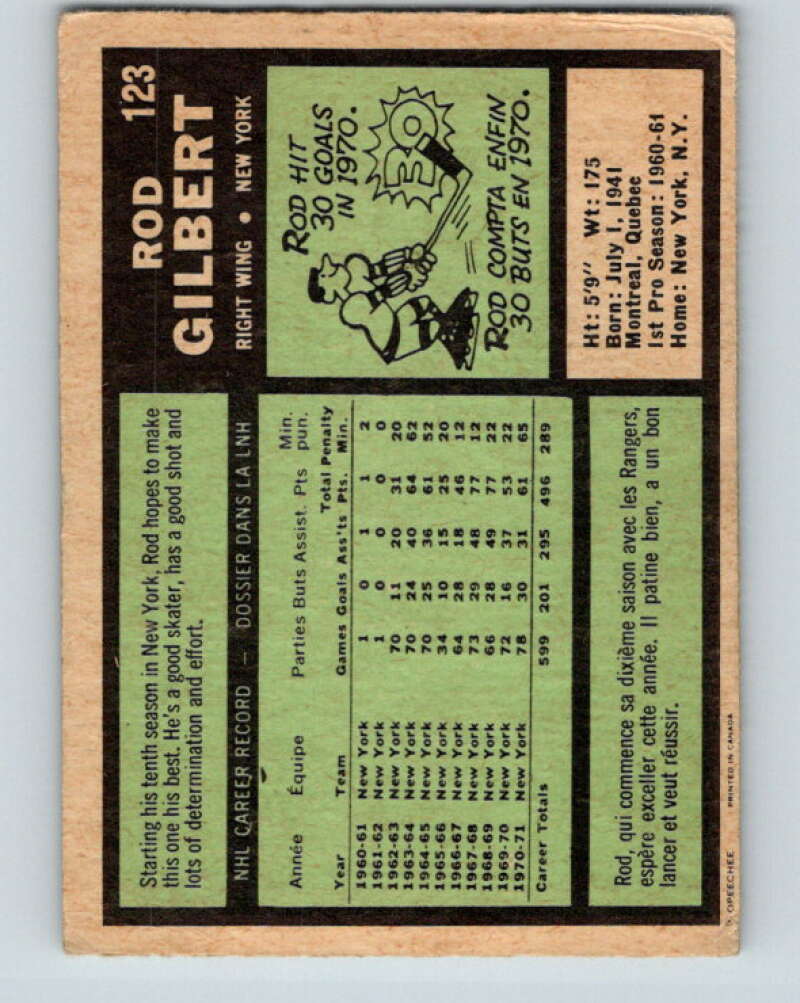 1971-72 O-Pee-Chee #123 Rod Gilbert New York Rangers V9299