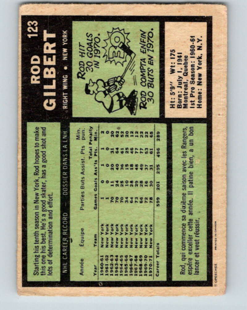 1971-72 O-Pee-Chee #123 Rod Gilbert New York Rangers V9300