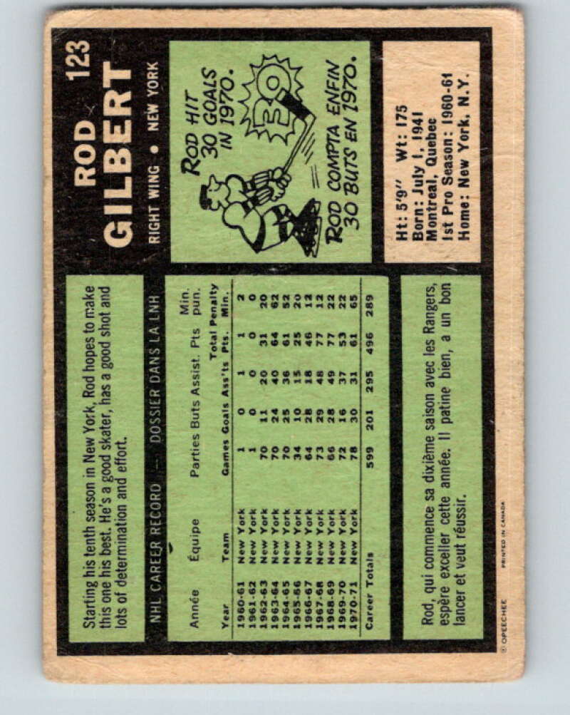 1971-72 O-Pee-Chee #123 Rod Gilbert New York Rangers V9301