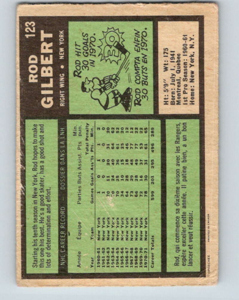 1971-72 O-Pee-Chee #123 Rod Gilbert New York Rangers V9302