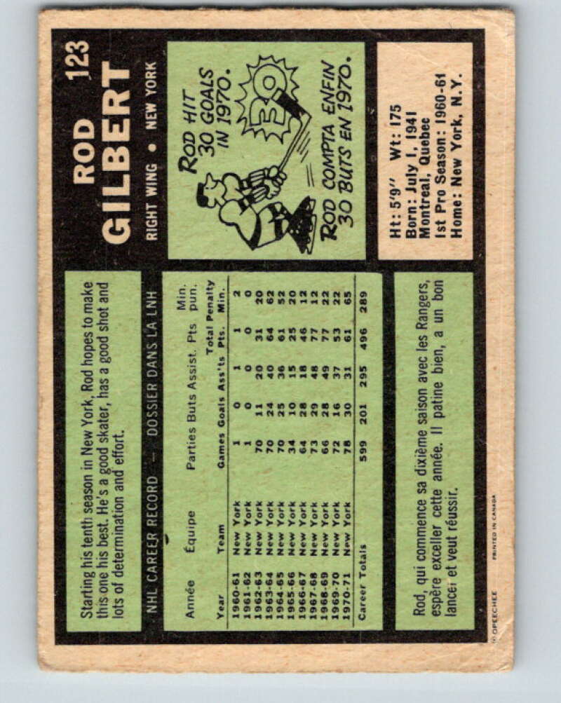 1971-72 O-Pee-Chee #123 Rod Gilbert New York Rangers V9303