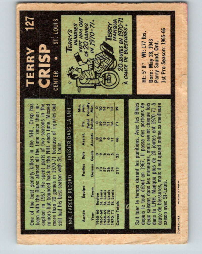 1971-72 O-Pee-Chee #127 Terry Crisp RC Rookie St. Louis Blues V9307
