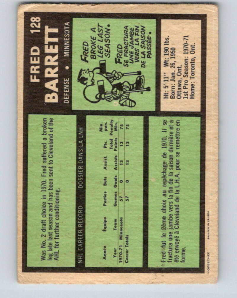1971-72 O-Pee-Chee #128 Fred Barrett RC Rookie Minnesota North Stars V9308
