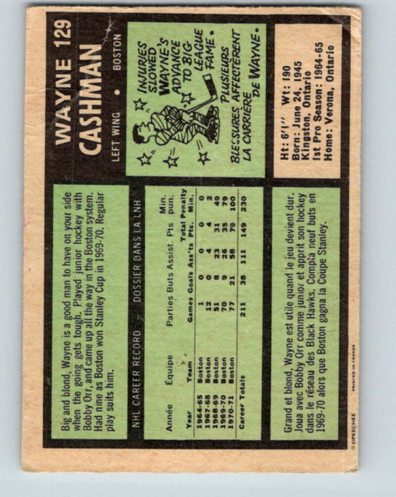 1971-72 O-Pee-Chee #129 Wayne Cashman Boston Bruins V9310