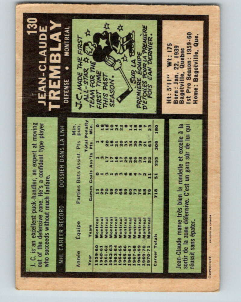 1971-72 O-Pee-Chee #130 J.C. Tremblay Montreal Canadiens V9311