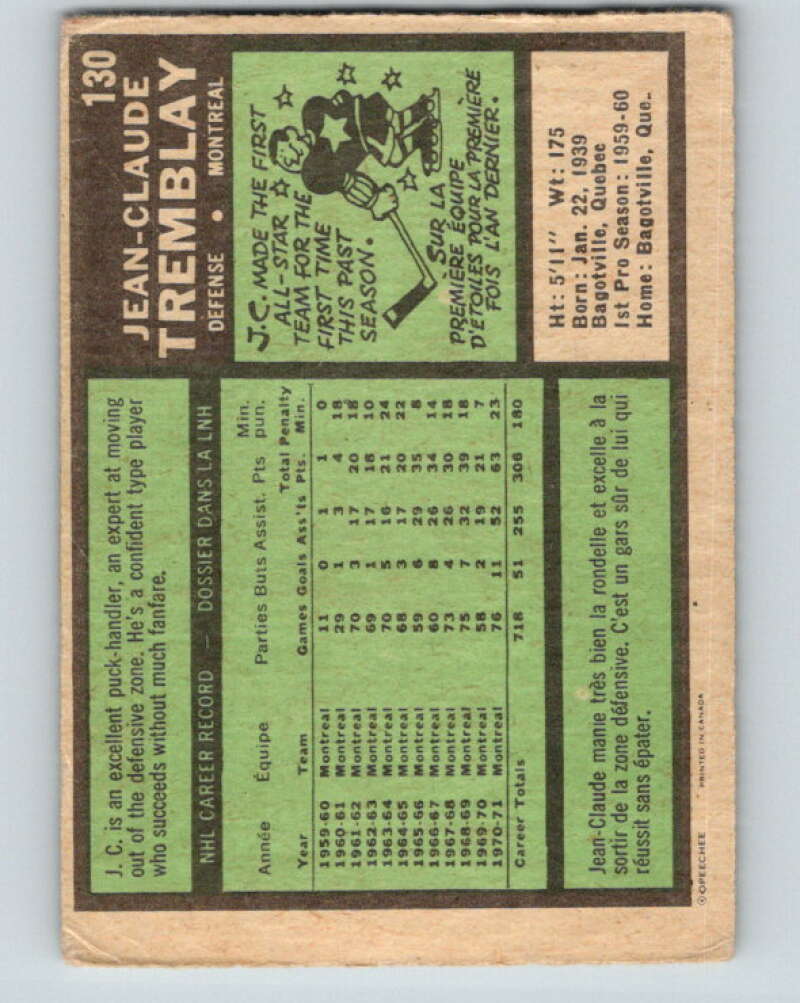 1971-72 O-Pee-Chee #130 J.C. Tremblay Montreal Canadiens V9312