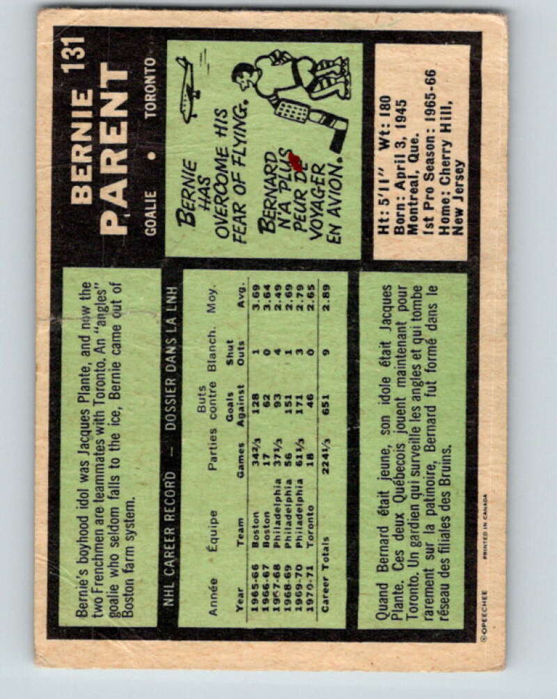1971-72 O-Pee-Chee #131 Bernie Parent Toronto Maple Leafs V9314