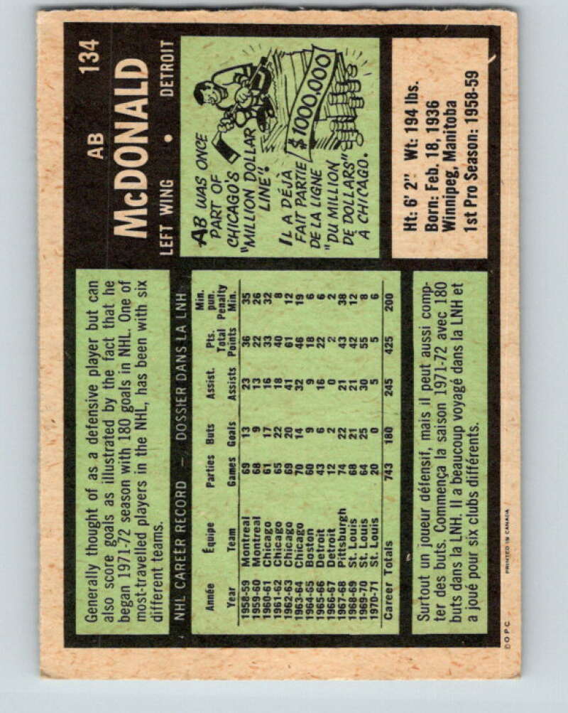1971-72 O-Pee-Chee #134 Ab McDonald Detroit Red Wings V9317