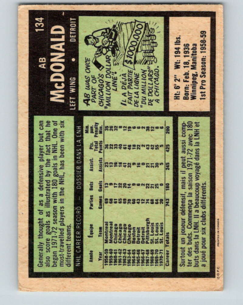 1971-72 O-Pee-Chee #134 Ab McDonald Detroit Red Wings V9318