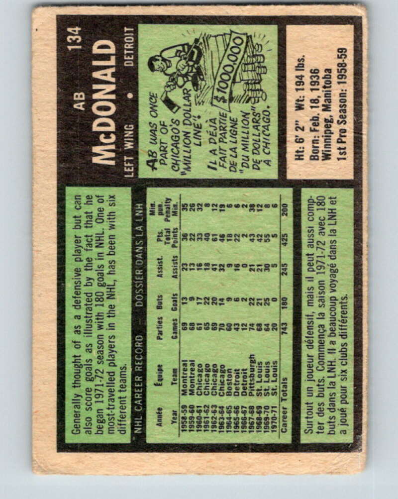 1971-72 O-Pee-Chee #134 Ab McDonald Detroit Red Wings V9320