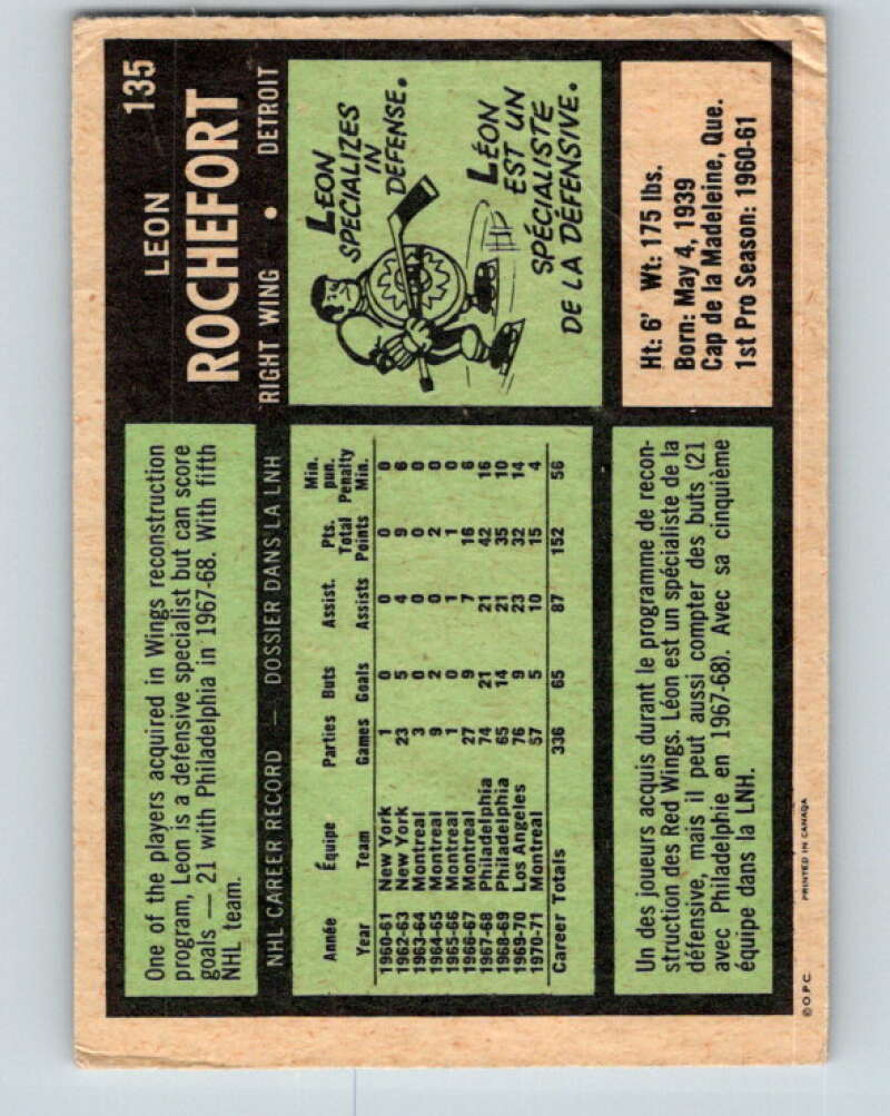 1971-72 O-Pee-Chee #135 Leon Rochefort Detroit Red Wings V9323