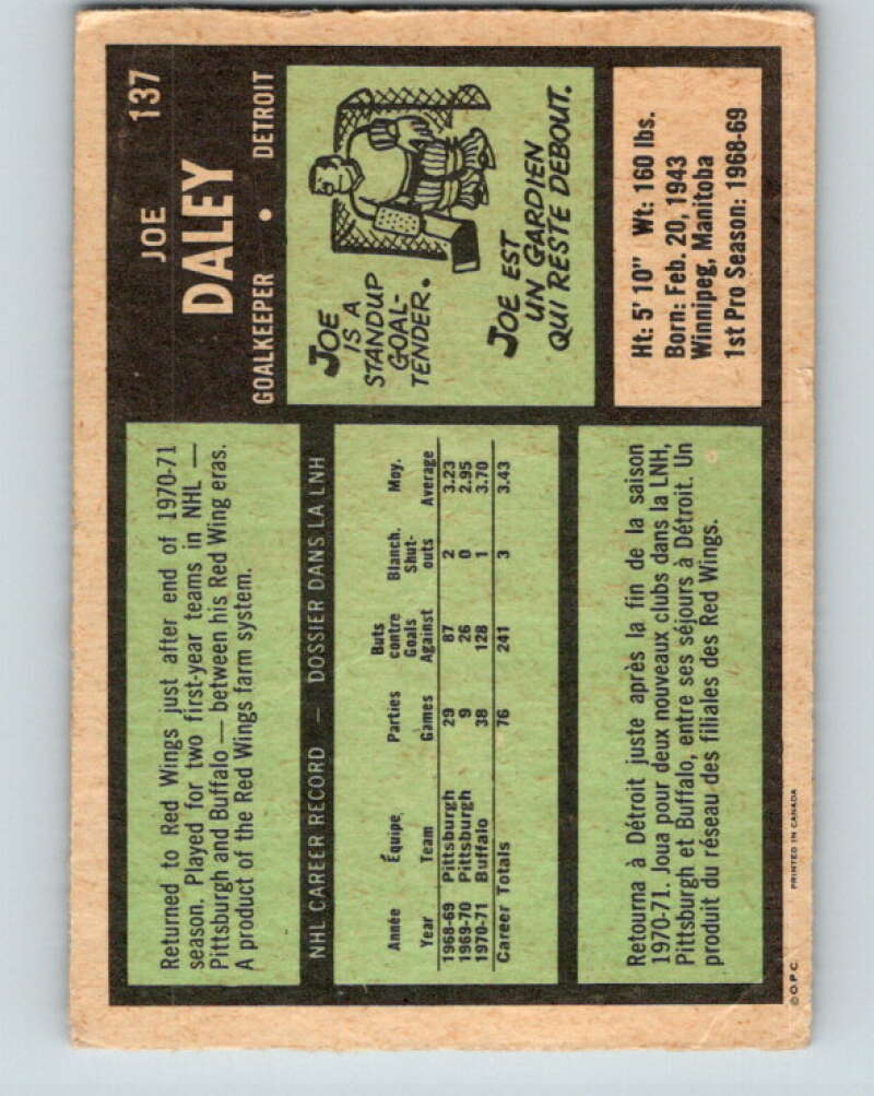 1971-72 O-Pee-Chee #137 Joe Daley Detroit Red Wings V9332