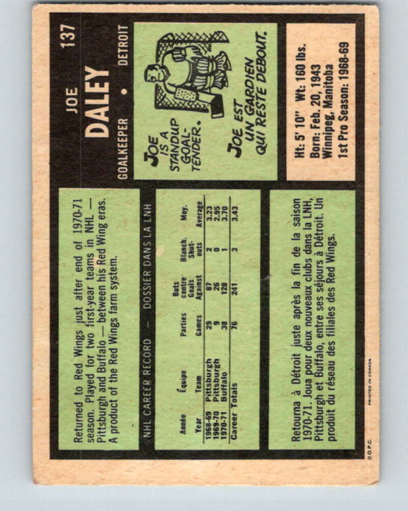 1971-72 O-Pee-Chee #137 Joe Daley Detroit Red Wings V9333