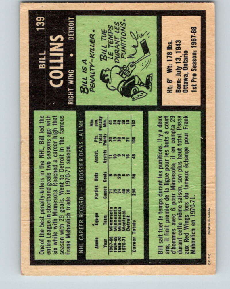 1971-72 O-Pee-Chee #139 Bill Collins Detroit Red Wings V9342
