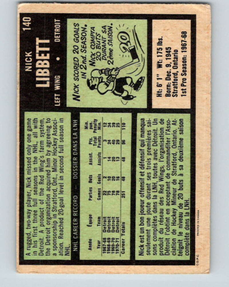 1971-72 O-Pee-Chee #140 Nick Libett Detroit Red Wings V9348