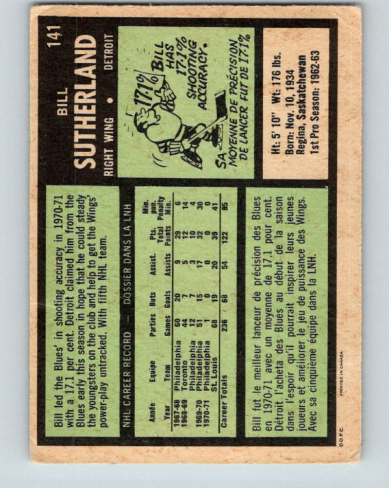 1971-72 O-Pee-Chee #141 Bill Sutherland Detroit Red Wings V9349