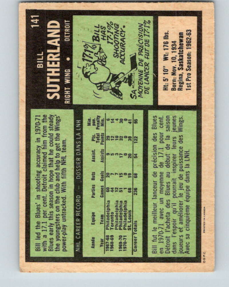 1971-72 O-Pee-Chee #141 Bill Sutherland Detroit Red Wings V9351