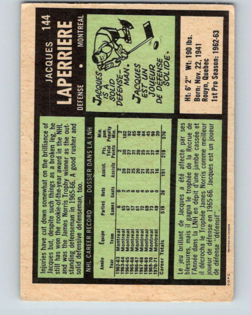 1971-72 O-Pee-Chee #144 Jacques Laperriere Montreal Canadiens V9361