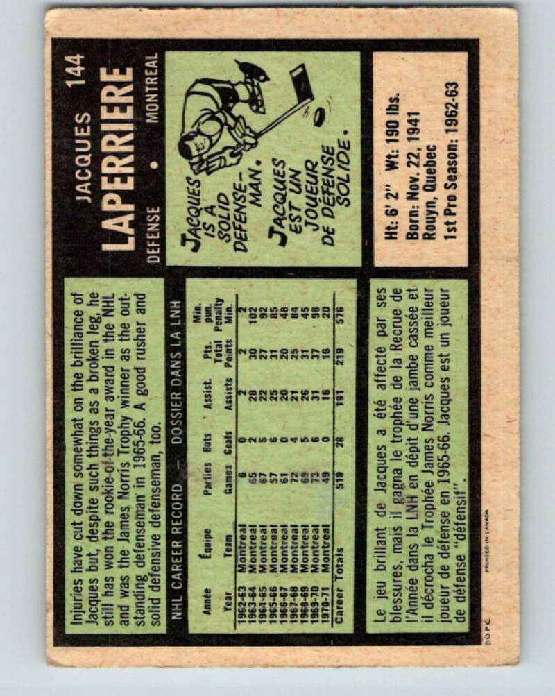 1971-72 O-Pee-Chee #144 Jacques Laperriere Montreal Canadiens V9362