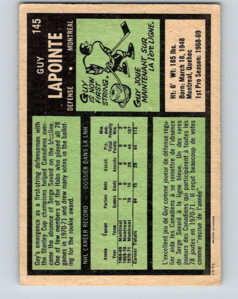 1971-72 O-Pee-Chee #145 Guy Lapointe Montreal Canadiens V9367