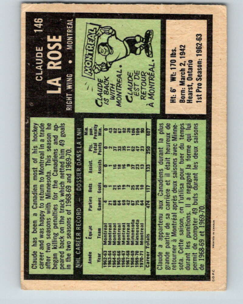 1971-72 O-Pee-Chee #146 Claude Larose UER Montreal Canadiens V9371