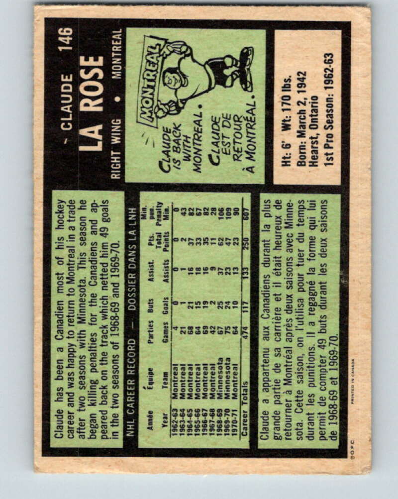 1971-72 O-Pee-Chee #146 Claude Larose UER Montreal Canadiens V9372