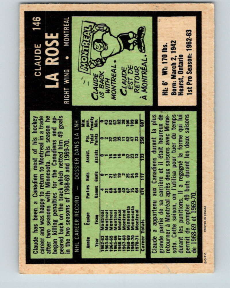 1971-72 O-Pee-Chee #146 Claude Larose UER Montreal Canadiens V9373