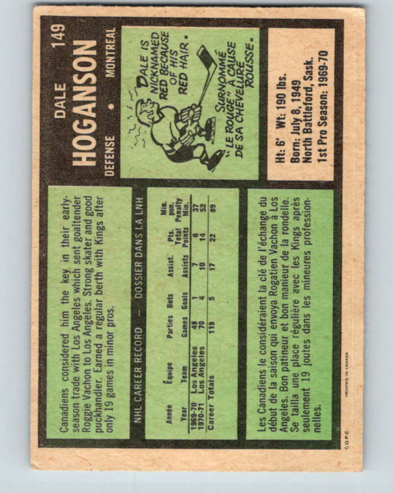 1971-72 O-Pee-Chee #149 Dale Hoganson RC Rookie Montreal Canadiens V9382