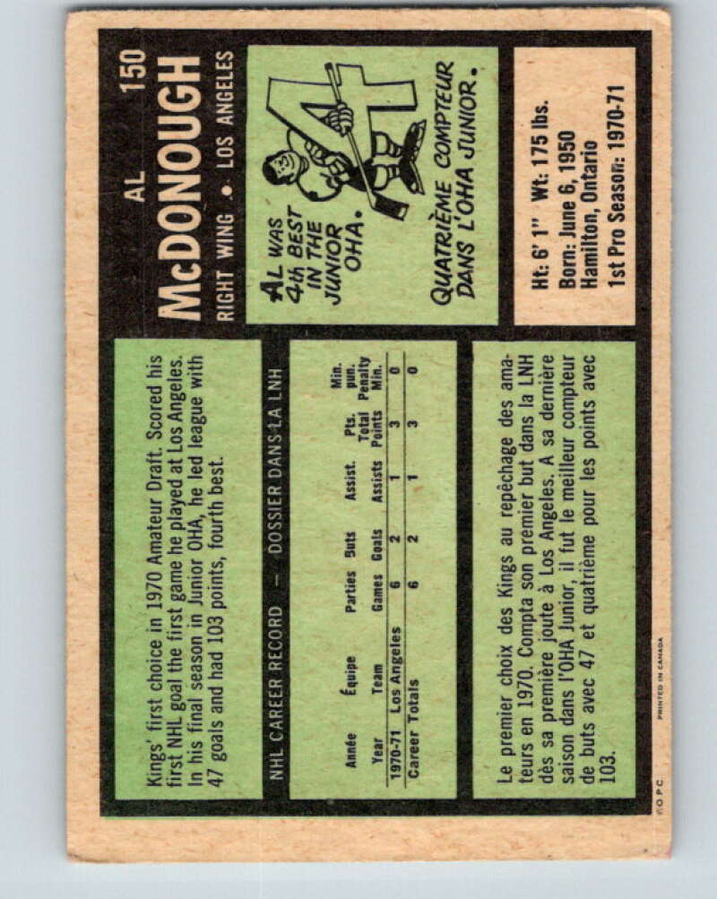 1971-72 O-Pee-Chee #150 Al McDonough RC Rookie Los Angeles Kings V9387