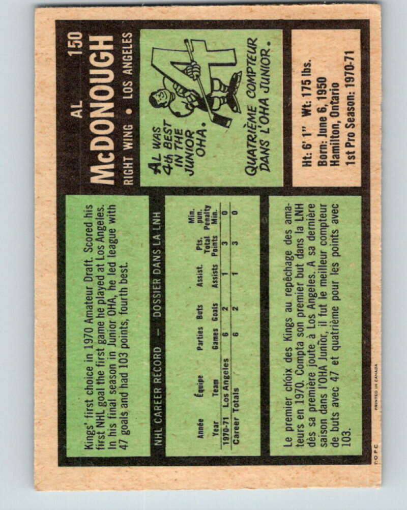 1971-72 O-Pee-Chee #150 Al McDonough RC Rookie Los Angeles Kings V9389